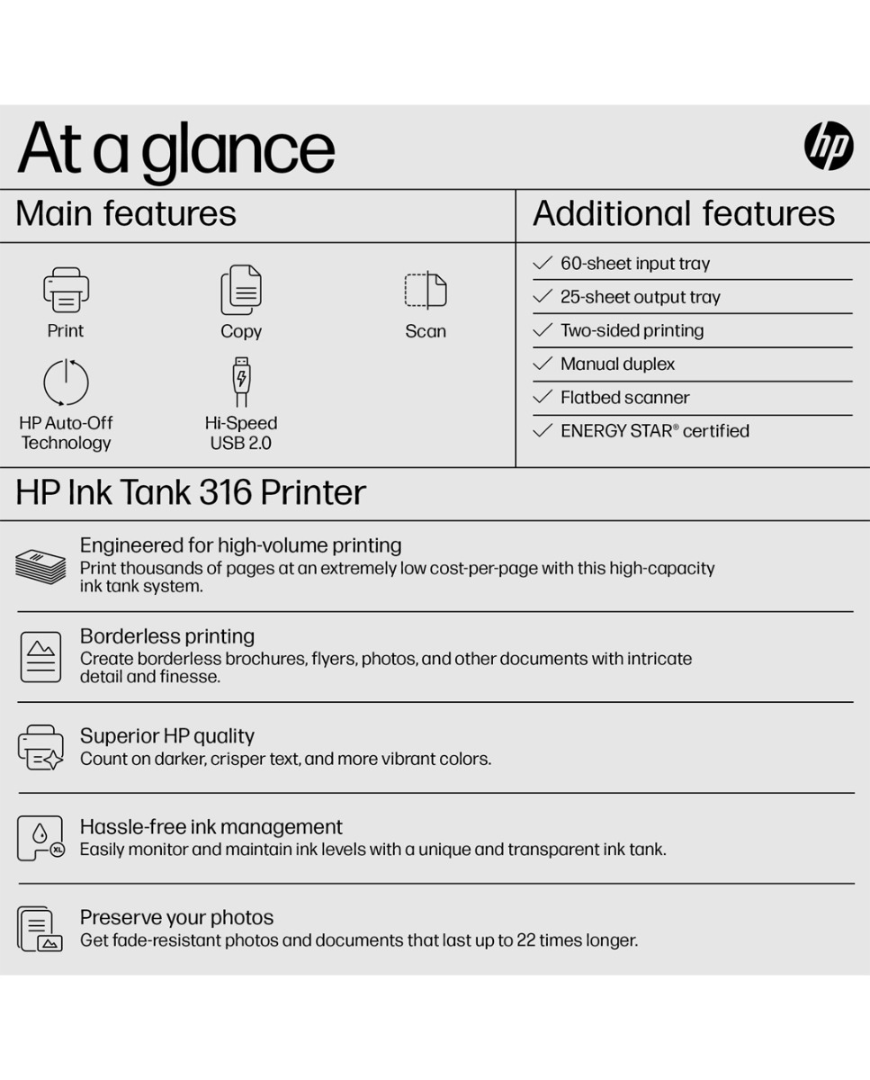 HP Ink Tank 316 All-in-one Colour Printer with Upto 7500 Black and 8000 Colour Pages Included in The Box - Print, Scan & Copy for Office/Home