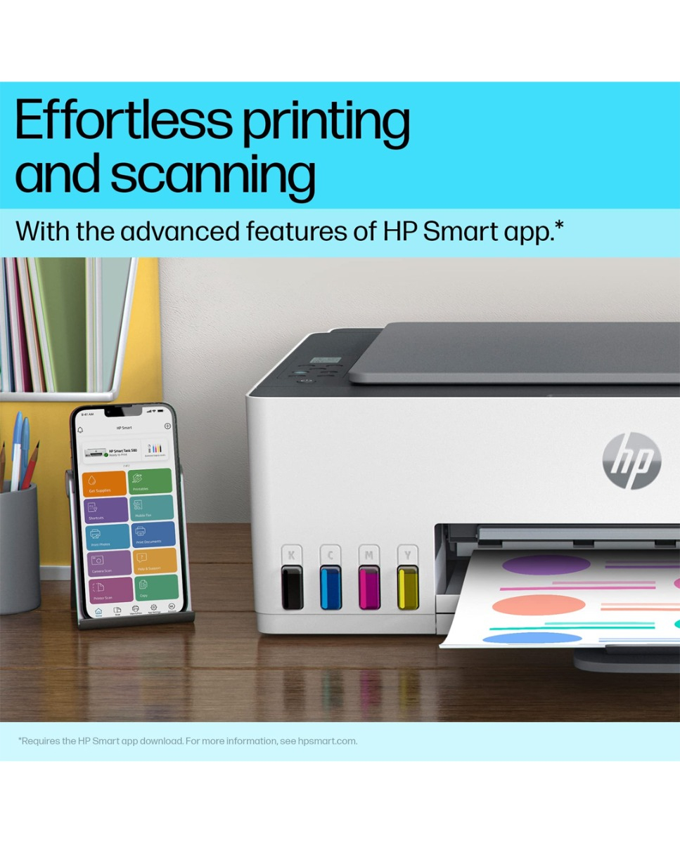 HP Smart Tank 580 AIO WiFi Colour Printer with 1 Extra Black Ink Bottle (Upto 12000 Black & 6000 Colour Prints) + 1 Year Extended Warranty with PHA Coverage -Print, Scan & Copy