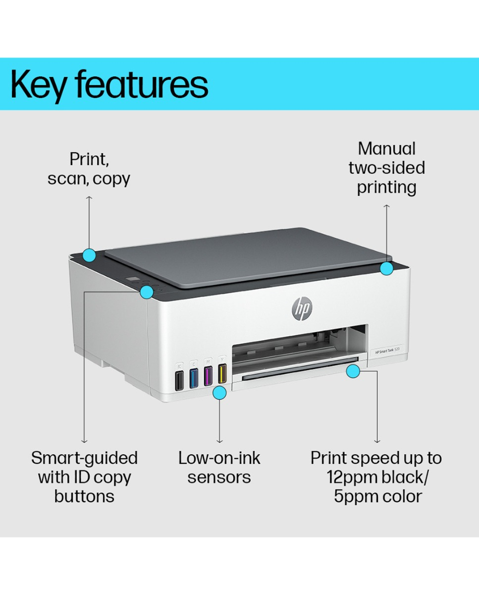 HP Smart Tank All In One 520 Multi-function Color Ink Tank Printer for Print, Scan & Copy with 1 additional black ink bottle to Print Upto 12000 Black & 6000 Color Pages and 1 Year Extended Warranty with PHA Coverage