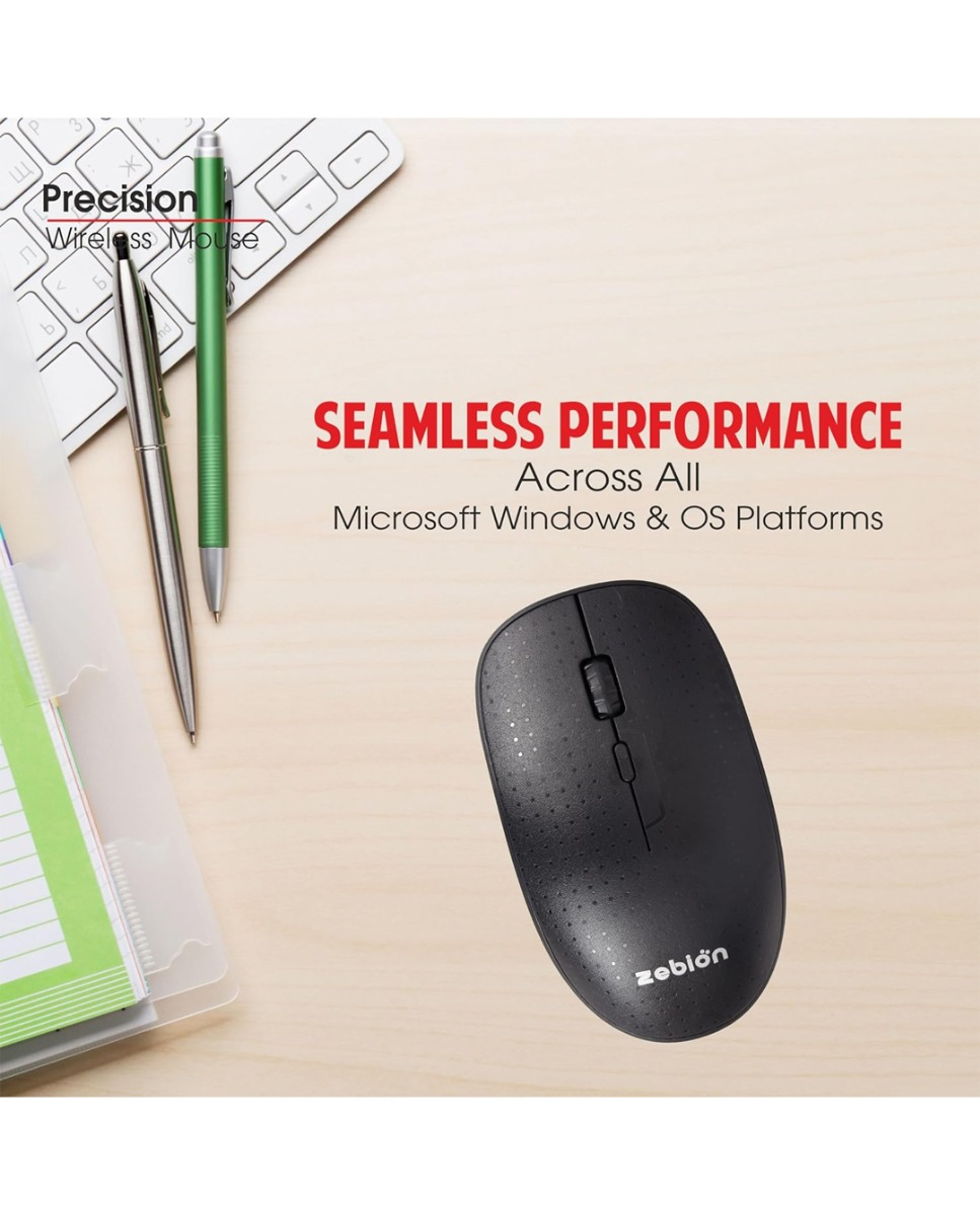 Zebion Precision 4G Wireless Mouse, USB Nano Receiver, Adjustable DPI 800/1000/1800, Automatic Sleep State, Transmission rang Upto 10M, Required for 2AAA Batteries, 1 Year Warranty, Black Color